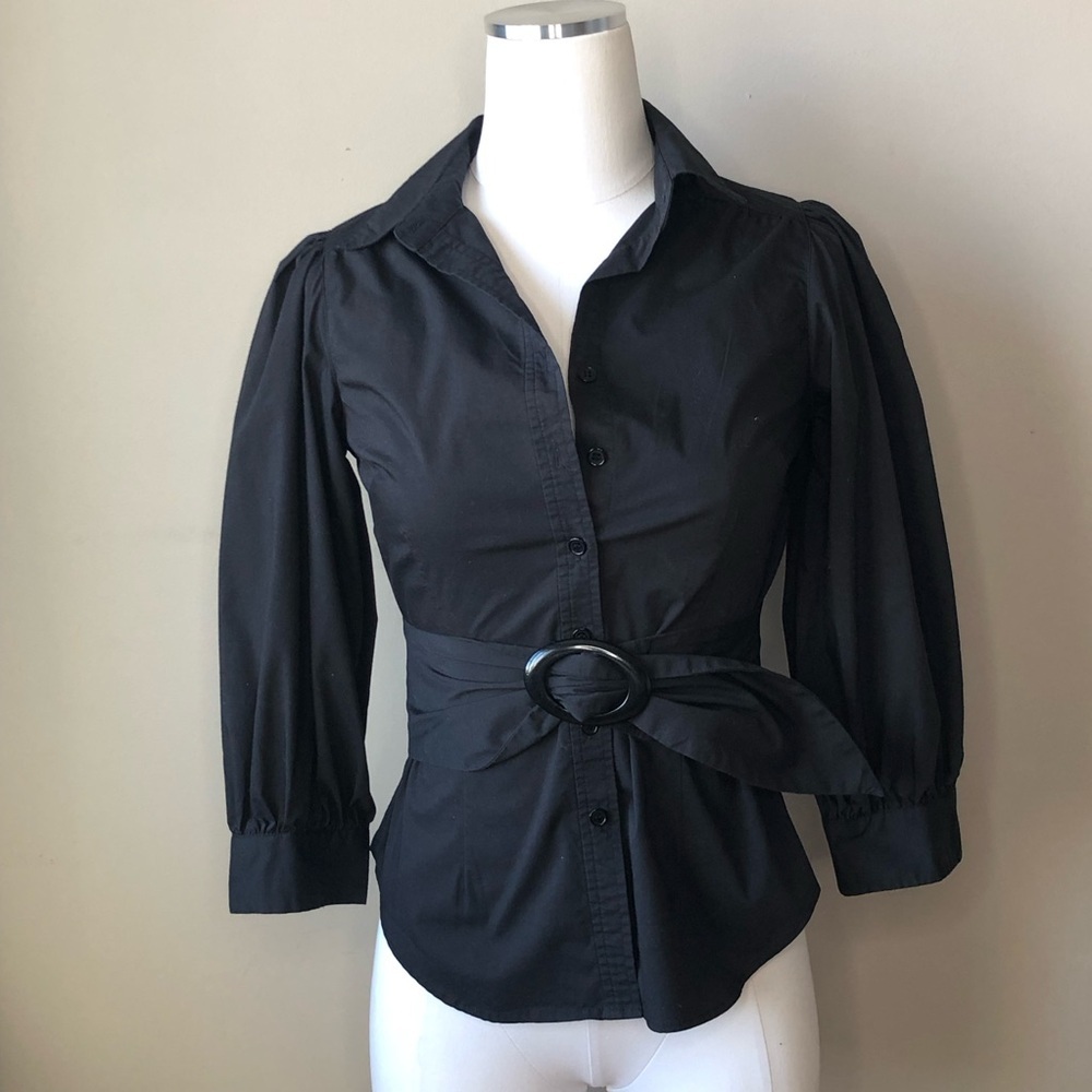 Vintage Kenar 80s Black cotton puff sleeves belted button up shirt